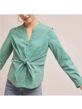 Anthropologie Maeve Green Striped Tie Front Blouse Size 6 VNeck LongSleeve Shirt